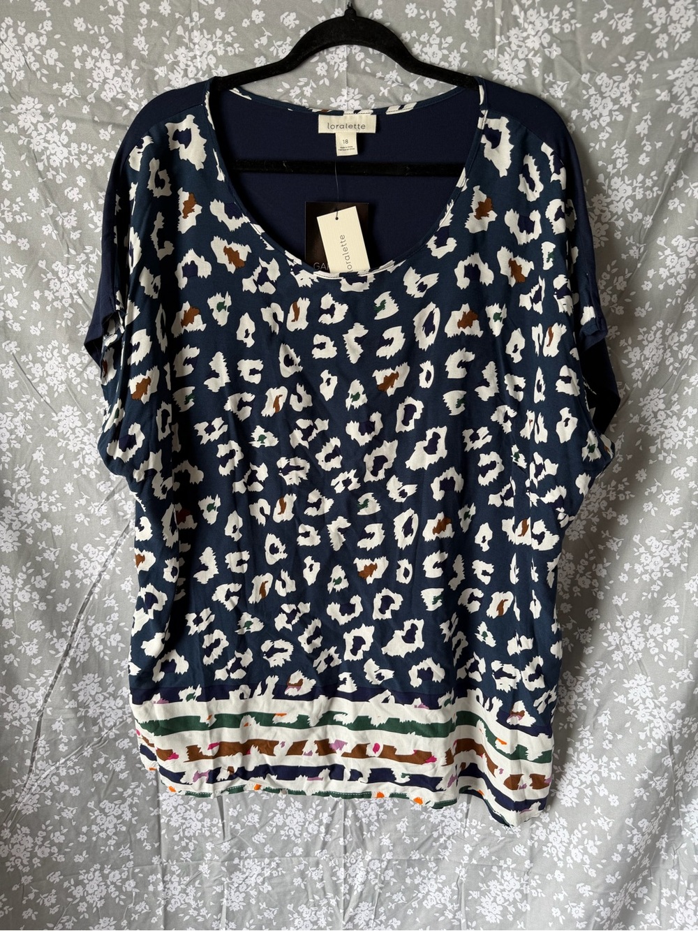 loralette Navy Short Sleeve Leopard Print Tunic with Striped Hem